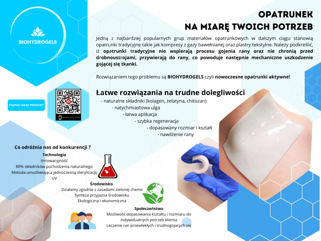 W lewym górnym rogu logo BIOHYDROGELS. Po prawej opis: OPATRUNEK NA MIARĘ TWOICH POTRZEB Jedną z najbardziej popularnych grup materiałów opatrunkowych w dalszym ciągu stanowią opatrunki tradycyjne takie jak kompresy z gazy bawełnianej oraz plastry tekstylne. Należy podkreślić, iż opatrunki tradycyjne nie wspierają procesu gojenia rany oraz nie chronią przed drobnoustrojami, przywierają do rany, co powoduje następnie mechaniczne uszkodzenie gojącej się tkanki. Rozwiązaniem tego problemu są BIOHYDROGELS czyli nowoczesne opatrunki aktywne! Obok znajduje się informacja poznaj nasz produkt i kod QR. Dalej: Łatwe rozwiązania na trudne dolegliwości - naturalne składniki (kolagen, żelatyna, chitozan) - natychmiastowa ulga – łatwa aplikacja – szybka regeneracja – dopasowany rozmiar i kształt – nawilżenie rany. Po prawej stronie zdjęcie opatrunku na skórze i zdjęcie ręki w niebieskiej medycznej rękawiczce, która ściska opatrunek pokazując jego elastyczność. Po lewej: Co nas odróżnia od konkurencji? Technologia innowacyjność 80% składników pochodzenia naturalnego metoda umożliwiająca jednoczesną sterylizację UV i obok grafika przedstawiająca próbówkę z czerwoną cieczą w środku. Niżej: środowisko Działamy zgodnie z zasadami zielonej chemii synteza przyjazna środowisku ekologiczna i ekonomiczna i grafika przedstawiająca planetę ziemię w otoczeniu zielonych listków. Niżej grafika przedstawiająca zarys postaci i napis: Możliwość dopasowania kształtu i rozmiaru do indywidualnych potrzeb klienta leczenie ran przewlekłych i trudnogojących się. W lewym dolnym rogu zdjęcie ręki z naklejonym plastrem. 