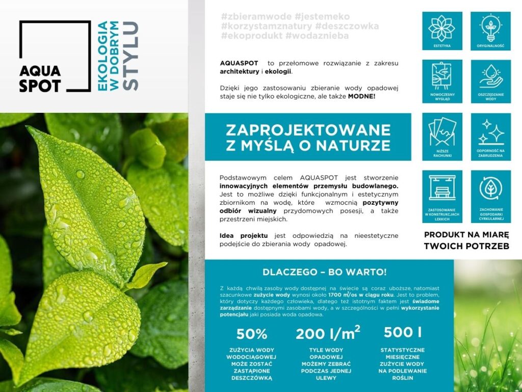 W lewym górnym rogu logo AQUASPOT i hasło Ekologia w dobrym stylu. Poniżej, również po lewej zdjęcie liści z widocznymi na nich kroplami wody. Po prawej opis projektu. 