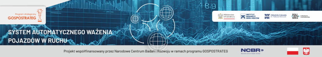 Granatowy baner System Automatycznego ważenia Pojazdów w ruchu w ramach Projekt współfinansowany przez Narodowe Centrum Badań i Rozwoju w ramach programu strategicznego Gospostrateg . Po prawej stronie logo Ministrstwa Infrastruktury, Instytutu Badawczego Dróg i Mostów, Politechniki Krakowskiej i Politechniki Częstochowskiej. Na dole po prawej flaga i godło Państwowe